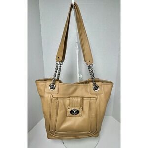 Calvin Klein Women's Leather Tote Purse Tan Chain Handle Turn Lock
